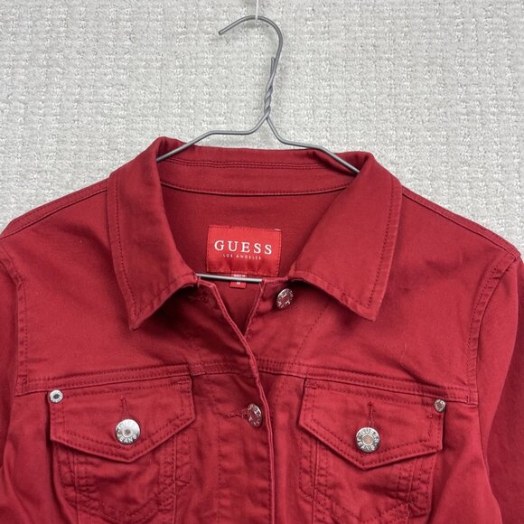 Y2K Guess Denim Jacket Wom M Cherry Red Button Up Jean Trucker Biker Retro - Picture 2 of 11